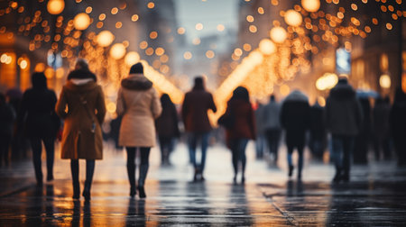 People walking in the city street with bokeh Christmas night. Generative AI.の素材