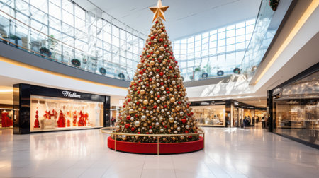 A giant Christmas tree in the middle of a shopping mall . Generative AI.の素材