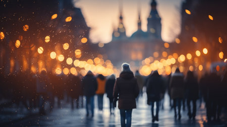 People walking in the city street with bokeh Christmas night. Generative AI.の素材