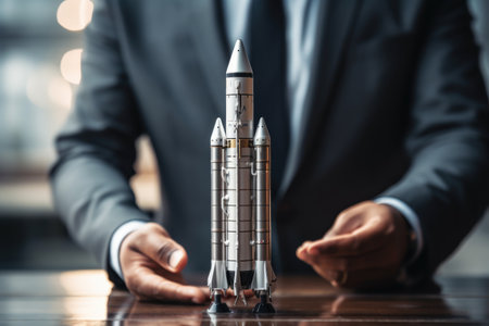 Concept to success hand holding rocket. Generative AI.の素材