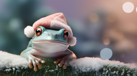 Frog perched on the top of a branch Christmas pastel background, copy space. Generative AI.の素材