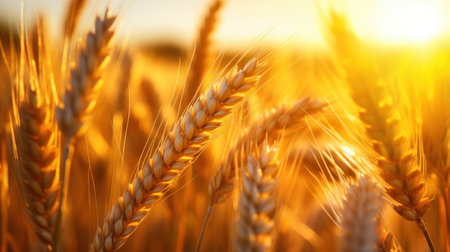 Wheat field Ears of golden wheat close up. Beautiful nature sunset landscape. Generative AI.の素材