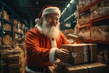 The fresh logistics is carefully sorting out the goods in the santa warehouse. Generative AI.の素材
