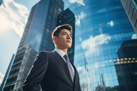 Business man in suit standing in front of skyscraper under blue sky. Generative AI.の素材