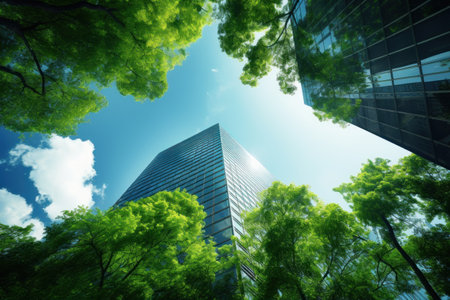 A towering skyscraper seen from a worm's-eye view, green tree, skylight exposure. Generative AI.の素材