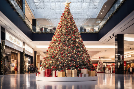 A giant Christmas tree in the middle of a shopping mall . Generative AI.の素材