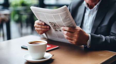 Man holding newsletter, sitting to the table. Generative AI.の素材