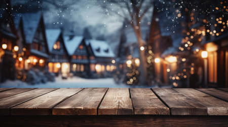 Wooden table covered with snow Empty space with an illuminated Christmas town square. Generative AI.の素材