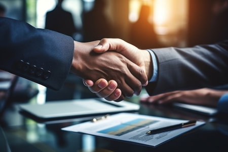 Close up handshake between executives sealing deals with mutual trust and partnership. Generative AI.の素材