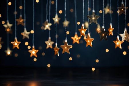 Closeup Gold stars light hanging on dark blue background. Generative AI.の素材