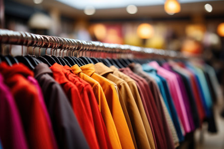 Clothes hang on a rack in a clothing store. Generative AI.の素材