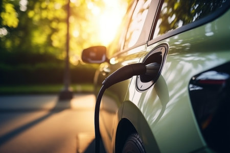 Modern fast electric vehicle chargers for charging car in park. Generative AI.の素材