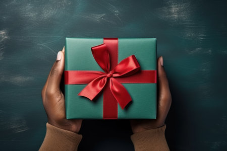 Hands holding dark green gift box and red ribbon top view, Christmas concept. Generative AI.の素材