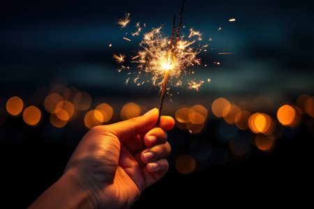 Hand holding sparkler firework celebrate new year. Generative AI.の素材
