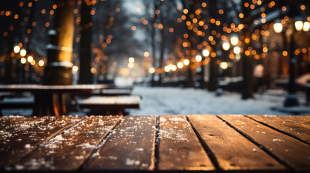Wooden table covered with snow Empty space with an illuminated Christmas town square. Generative AI.の素材