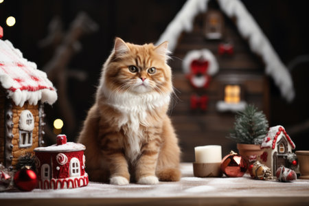 Christmas themed A friendly cat sitting next to a house. Generative AI.の素材