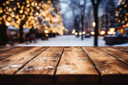 Wooden table covered with snow Empty space with an illuminated Christmas town square. Generative AI.の素材