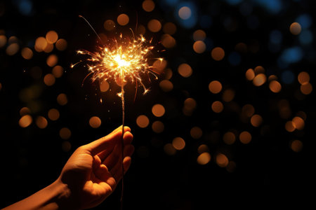 Hand holding sparkler firework celebrate new year. Generative AI.の素材