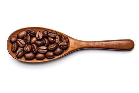 Coffee beans on wooden scoop isolated on white background. Generative AI.の素材