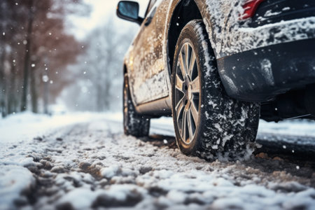 Side view on car with winter tires on a snowy road. Generative AI.の素材