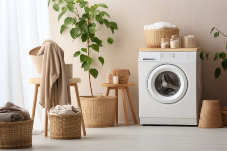Washing machine in a white room with plants beside it. Generative AI.の素材