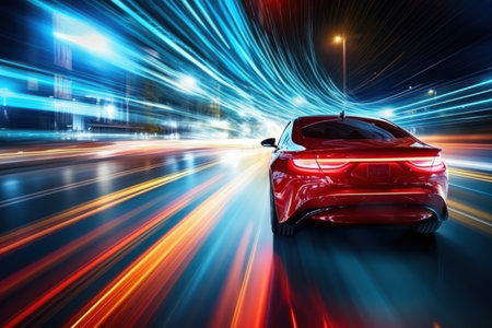 Motion blur shot, curve tail light drifting car wheels.の素材