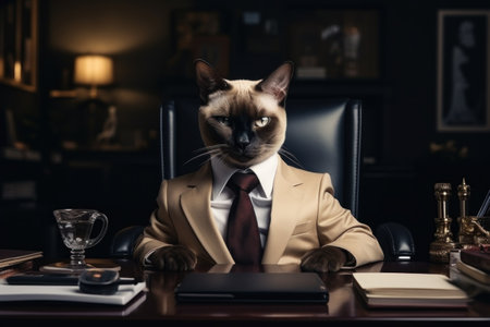 Siamese cat like a boss sitting behind a desk in style of Anthropomorphic animals. Generative AI.の素材