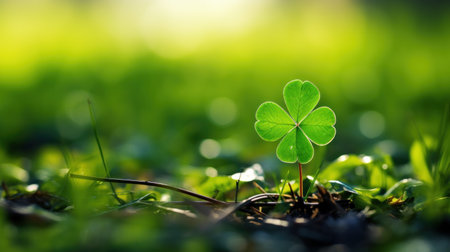 Green shamrock with three leaves on the background. Generative AI.の素材