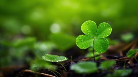 Green shamrock with three leaves on the background. Generative AI.の素材