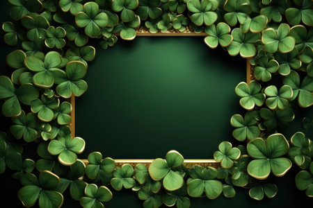 Flat design St. patrick's day, festive leprechaun green shamrocks on photo frame. Generative AI.の素材