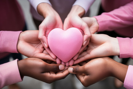 Group of hands holding a pink heart isolated on white background. Generative AI.の素材