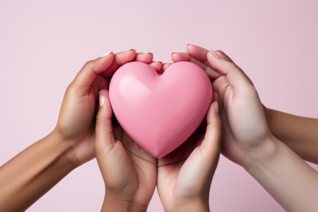 Group of hands holding a pink heart isolated on white background. Generative AI.の素材
