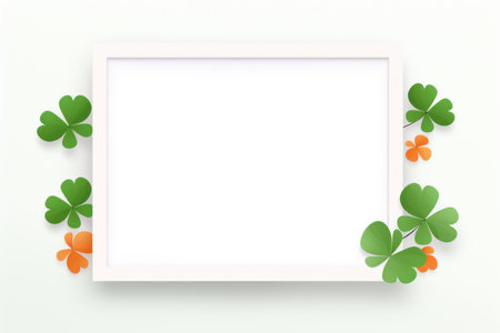 Flat design St. patrick's day, festive leprechaun green shamrocks on photo frame. Generative AI.の素材