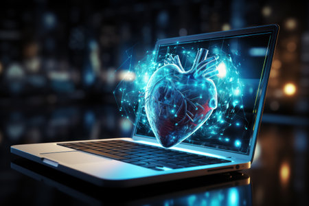 Close-up image of displaying an icon of a heart, representing cardiology. Generative AI.の素材