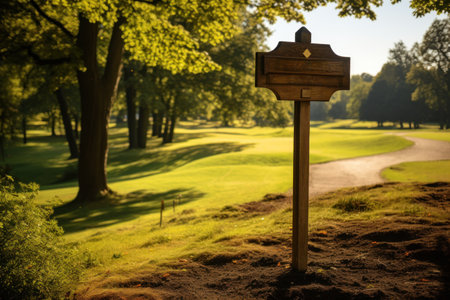 Close up golf course wooden wayfinding signage board. Generative AI.の素材