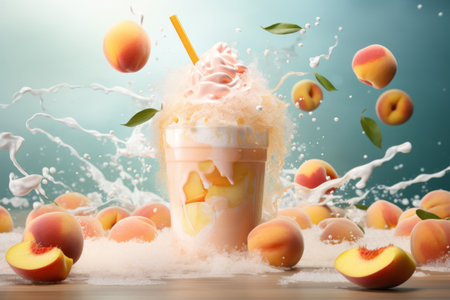 Peach smoothie frappe effect swirling wave Peach milk splash around glass. Generative AI.の素材