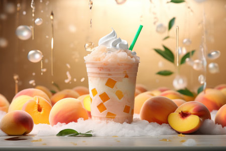 Peach smoothie frappe effect swirling wave Peach milk splash around glass. Generative AI.の素材