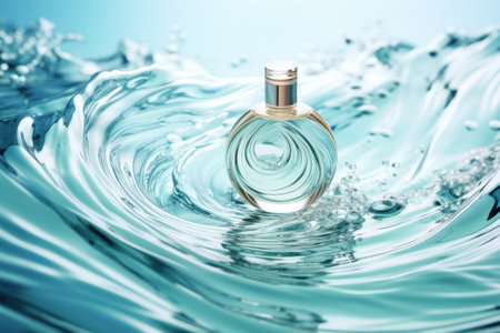 Bottle perfume on the water, clear water waves, white and blue background. Generative AI.の素材