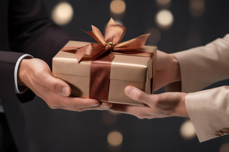 Adult hands giving a Christmas gift and New Year gift to each other. Generative AI.の素材