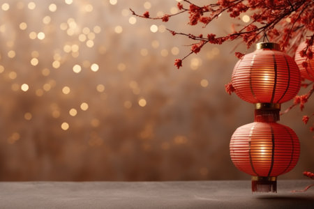 Chinese New Year photo realistic Lantern on glitter gold paper Background. Generative AI.の素材