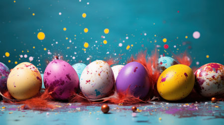 Colorful Easter eggs with paint splatter. Generative AI.の素材