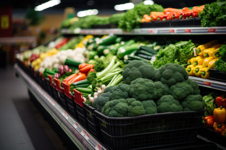 Self full of vegetables in supermarket. Generative AI.の素材