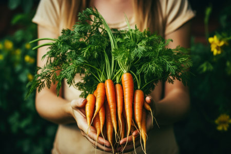 Woman holding carrots harvest on the plant. Generative AI.の素材