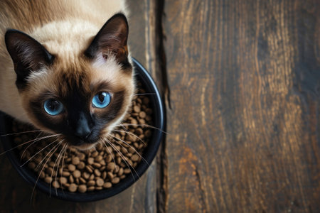 Top view, photo of a cat eating from a bowl of food, copy space. Generative AI.の素材