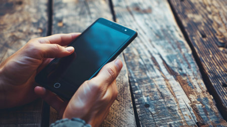 Use mobile phone on wood table with space for text, copy space. Generative AI.の素材