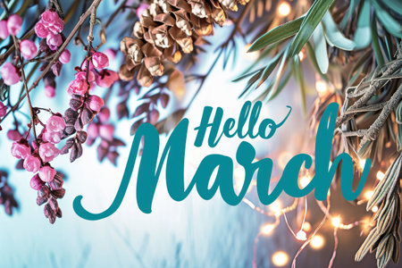 Text Hello March on event seasonal background. Generative AI.の素材