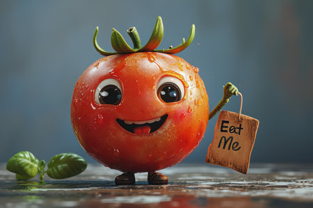 A cute tomato smile holding a sign Eat Me. Generative AI.の素材