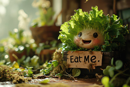 A cute lettuce smile holding a sign Eat Me. Generative AI.の素材