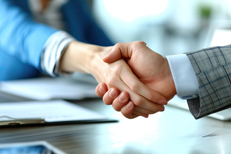 Businesswoman shaking hands in office. Generative AI.の素材
