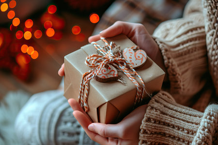 Couple Hands Holding Elegant and Artisanal Valentine Gifts. Generative AI.の素材
